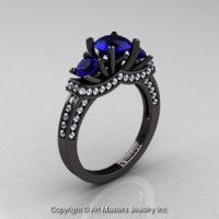 French 14K Black Gold Three Stone Blue Sapphire Diamond Engagement Ring R182-14KBGDBS