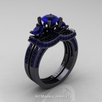 French 14K Black Gold Three Stone Blue Sapphire Engagement Ring Wedding Band Bridal Set R182S-14KBGBS