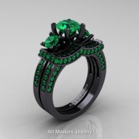 French 14K Black Gold Three Stone Emerald Engagement Ring Wedding Band Bridal Set R182S-14KBGEM