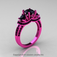 French 14K Pink Gold Three Stone Black Diamond Wedding Ring Engagement Ring R182-14KPGBD