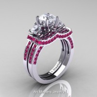 French 950 Platinum Three Stone White and Pink Sapphire Engagement Ring Wedding Band Set R182S-PLATPSWS