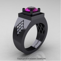Mens Modern Classic 14K Black Gold 2.0 Ct Amethyst Diamond Designer Wedding Ring R338M-14KBGDAM