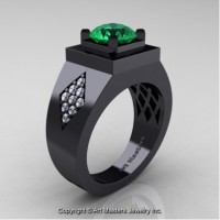 Mens Modern Classic 14K Black Gold 2.0 Ct Emerald Diamond Designer Wedding Ring R338M-14KBGDEM