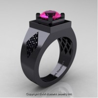 Mens Modern Classic 14K Black Gold 2.0 Ct Pink Sapphire Black Diamond Designer Wedding Ring R338M-14KBGBDPS