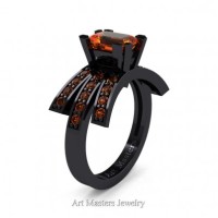 Victorian Inspired 14K Black Gold 1.0 Ct Emerald Cut Orange Sapphire Wedding Ring Engagement Ring R344-14KBGOS