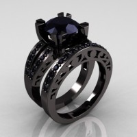 Modern Vintage 14K Black Gold 3.0 Carat Black Diamond Solitaire and Wedding Ring Bridal Set R102S-14KBGBD