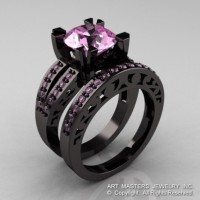 Modern Vintage 14K Black Gold 3.0 Carat Light Pink Sapphire Solitaire and Wedding Ring Bridal Set R102S-14KBGLPS
