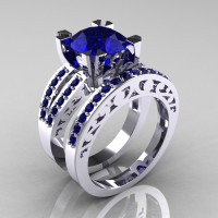 Modern Vintage 14K White Gold 3.0 Carat Blue Sapphire Solitaire and Wedding Ring Set R102S-14KWGBS