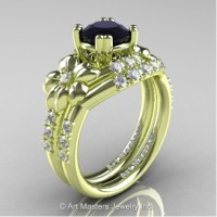 Nature Inspired 14K Green Gold 1.0 Ct Black and White Diamond Leaf and Vine Engagement Ring Wedding Band Set R245S-14KGRGDBD