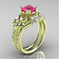 Nature Inspired 14K Green Gold 1.0 Ct Pink Sapphire Diamond Leaf and Vine Engagement Ring Wedding Band Set R245S-14KGRGDPS