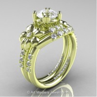Nature Inspired 14K Green Gold 1.0 Ct White Sapphire Diamond Leaf and Vine Engagement Ring Wedding Band Set R245S-14KGRGDWS