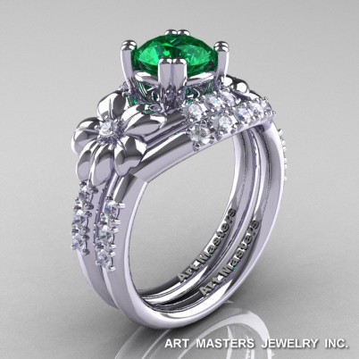 Nature-Inspired-14K-White-Gold-1-0-Ct-Emerald-Diamond-Leaf-Vine-Engagement-Ring-Wedding-Band-Set-R245S-WGDEM-P-402×402