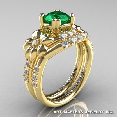 Nature-Inspired-14K-Yellow-Gold-1-0-Ct-Emerald-Diamond-Leaf-Vine-Engagement-Ring-Wedding-Band-Set-R245S-YGDE-P-402×402