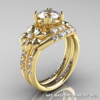 Nature Inspired 14K Yellow Gold 1.0 Ct White Sapphire Diamond Leaf and Vine Engagement Ring Wedding Band Set R245S-14KYGDWS