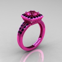 Renaissance Classic 14K Pink Gold 1.0 Carat Pink Sapphire Black Diamond Engagement Ring R220-14KPGBDPS