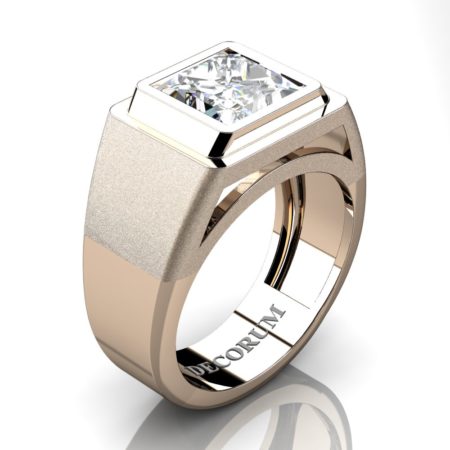 Mens Modern 14K Rose Gold 3.0 Ct Princess White Sapphire Wedding Ring R1132-14KRGWS