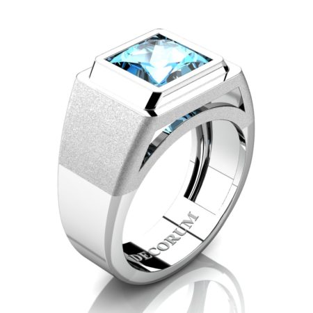 Decorum-Mens-Modern-14K-White-Gold-3-Carat-Princess-Blue-Topaz-Wedding-Ring-R1132-14KWGBT