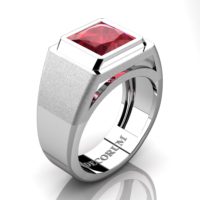 Mens Modern 14K White Gold 3.0 Ct Princess Ruby Wedding Ring R1132-14KWGR