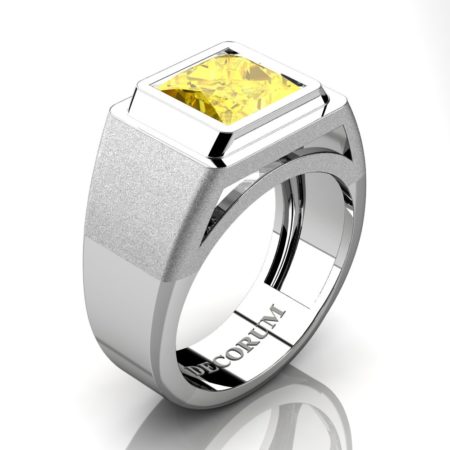 Decorum-Mens-Modern-14K-White-Gold-3-Carat-Princess-Yellow-Sapphire-Wedding-Ring-R1132-14KWGYS