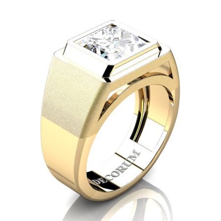 Mens Modern 14K Yellow Gold 3.0 Ct Princess White Sapphire Wedding Ring R1132-14KYGWS