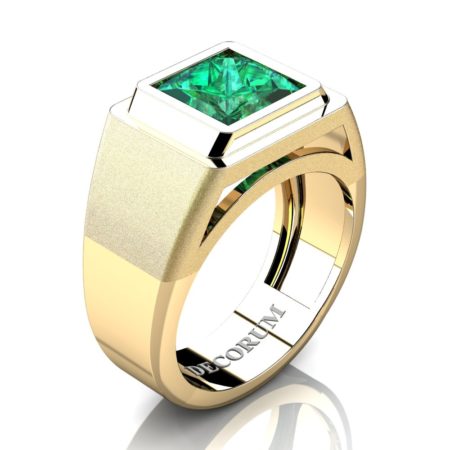 Mens Modern 14K Yellow Gold 3.0 Ct Princess Emerald Wedding Ring R1132-14KYGEM