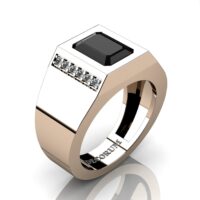 Mens Modern 14K Rose Gold 3.0 Carat Emerald Cut Black and White Diamond Wedding Ring G1128-14KRGDBD