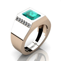 Mens Modern 14K Rose Gold 3.0 Carat Emerald Cut Blue and White Diamond Wedding Ring G1128-14KRGDBLD