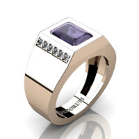 Mens Modern 14K Rose Gold 3.0 Carat Emerald Cut Grey Sapphire Diamond Wedding Ring G1128-14KRGDGS