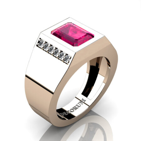 Decorum-Mens-Modern-14K-Rose-Gold-3-Carat-Emerald-Cut-Rose-Ruby-Diamond-Wedding-Ring-G1128-14KRGDRR