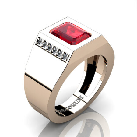 Decorum-Mens-Modern-14K-Rose-Gold-3-Carat-Emerald-Cut-Ruby-Diamond-Wedding-Ring-G1128-14KRGDR