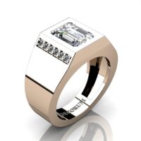 Mens Modern 14K Rose Gold 3.0 Carat Emerald Cut White Sapphire Diamond Wedding Ring G1128-14KRGDWS
