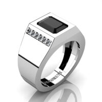 Mens Modern 14K White Gold 3.0 Carat Emerald Cut Black Sapphire Diamond Wedding Ring G1128-14KWGDBLS