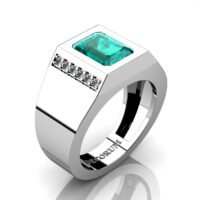 Mens Modern 14K White Gold 3.0 Carat Emerald Cut Blue and White Diamond Wedding Ring G1128-14KWGDBLD