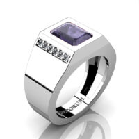 Mens Modern 14K White Gold 3.0 Carat Emerald Cut Grey Sapphire Diamond Wedding Ring G1128-14KWGDGS