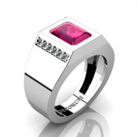 Mens Modern 14K White Gold 3.0 Carat Emerald Cut Rose Ruby Diamond Wedding Ring G1128-14KWGDRR