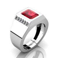 Mens Modern 14K White Gold 3.0 Carat Emerald Cut Ruby Diamond Wedding Ring G1128-14KWGDR