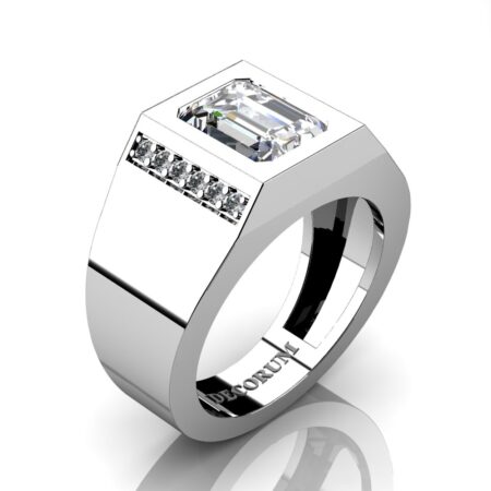 Decorum-Mens-Modern-14K-White-Gold-3-Carat-Emerald-Cut-White-Sapphire-Diamond-Wedding-Ring-G1128-14KWGDWS