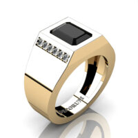 Mens Modern 14K Yellow Gold 3.0 Carat Emerald Cut Black Sapphire Diamond Wedding Ring G1128-14KYGDBLS