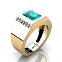 Mens Modern 14K Yellow Gold 3.0 Carat Emerald Cut Blue and White Diamond Wedding Ring G1128-14KYGDBLD