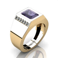 Mens Modern 14K Yellow Gold 3.0 Carat Emerald Cut Grey Sapphire Diamond Wedding Ring G1128-14KYGDGS
