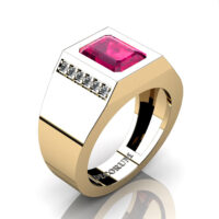 Mens Modern 14K Yellow Gold 3.0 Carat Emerald Cut Rose Ruby Diamond Wedding Ring G1128-14KYGDRR