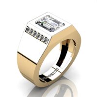 Mens Modern 14K Yellow Gold 3.0 Carat Emerald Cut White Sapphire Diamond Wedding Ring G1128-14KYGDWS
